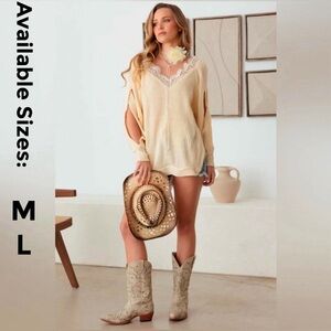 NWT-Beige Lace Side Slits Cut Out Sleeve Sweater Top
